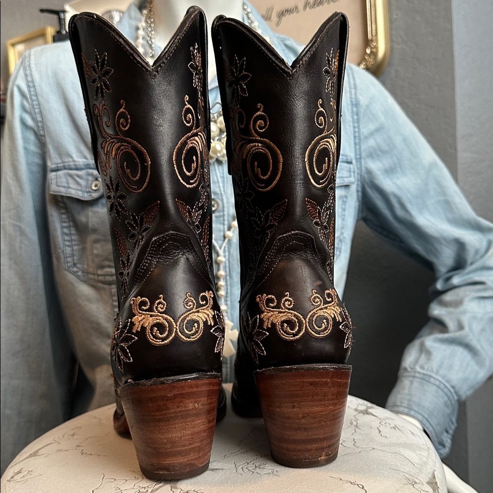 Women’s Dark Brown Embroidered Heeled Cowboy Boots - Picture 3 of 11